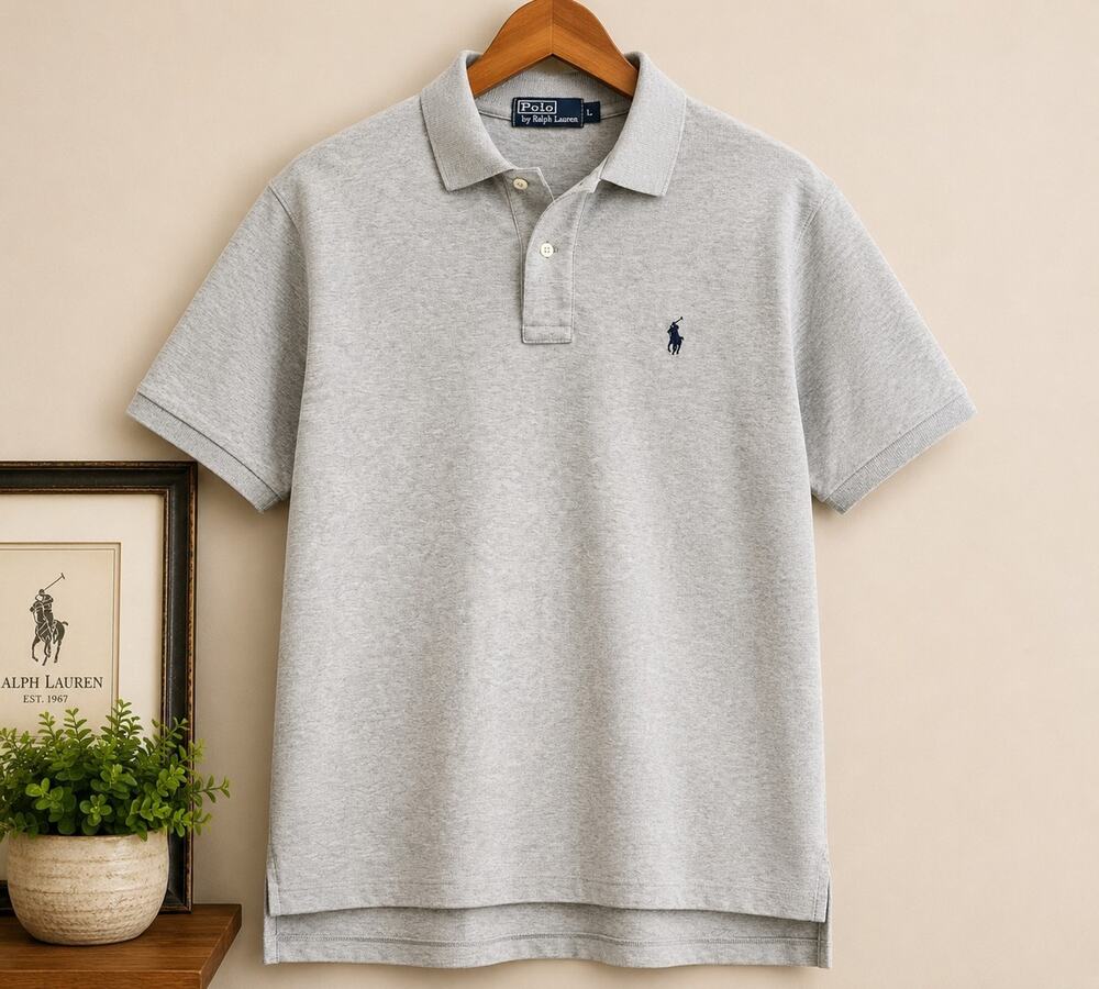Polo Ralph Lauren Shirt Mens Large Gray Custom Fit Rugby Navy Blue Pony Casual